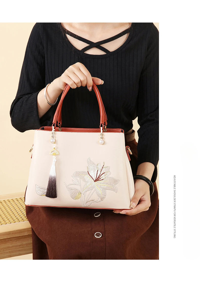 Embroidered Lily Shoulder Tote for women