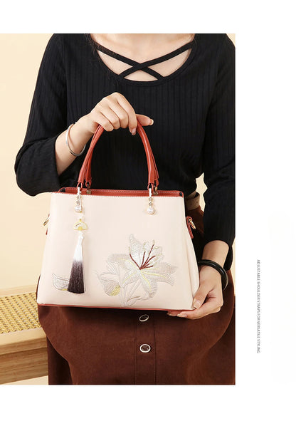 Embroidered Lily Shoulder Tote for women