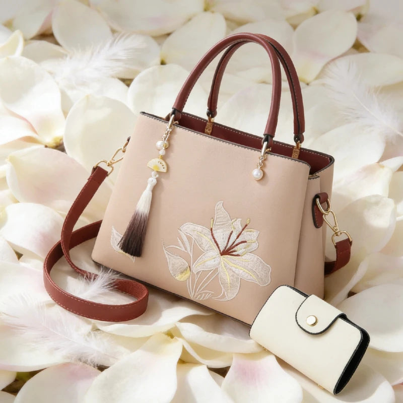 Embroidered Lily Shoulder Tote for women