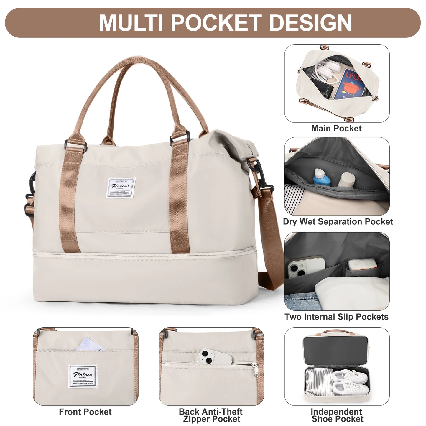 Travel Tote Bag – Lightweight Handbag with Shoe Compartment | FLCC