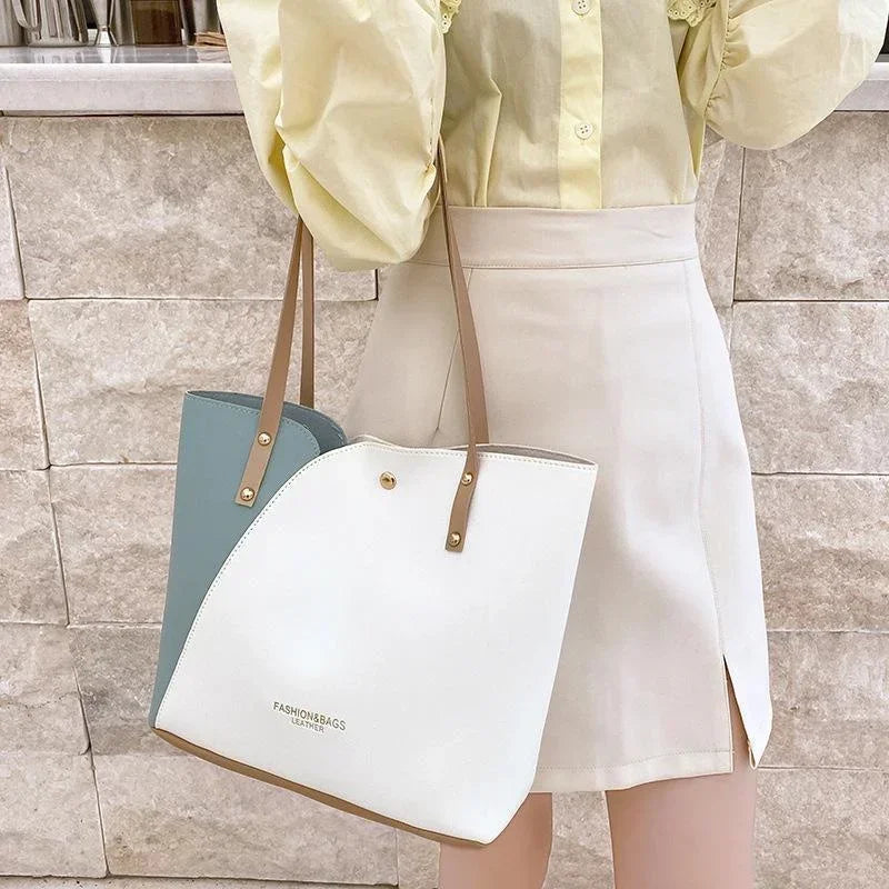 Women's Shopping Bag- PU Leather Tote Bag Double Tone Color Shoulder Bag