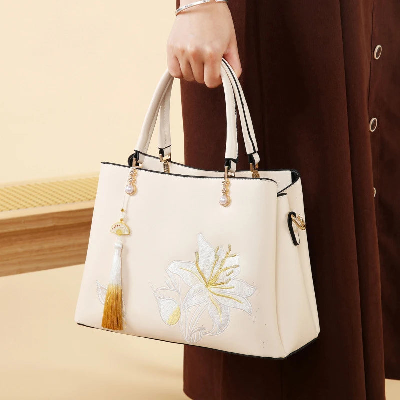 Embroidered Lily Shoulder Tote for women