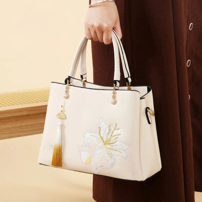 Embroidered Lily Shoulder Tote for women