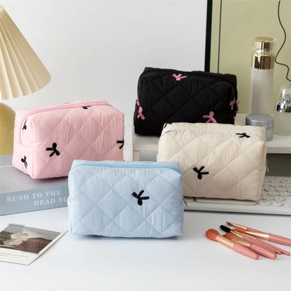 Stylish Large Bow Cosmetic Bag – Quilted Cotton Travel Makeup Organizer