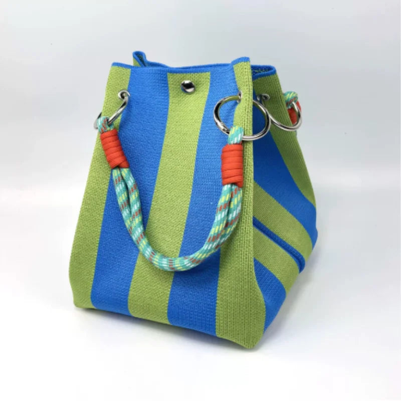 Ladies Retro Multicolor Handbag – Striped Bucket Style