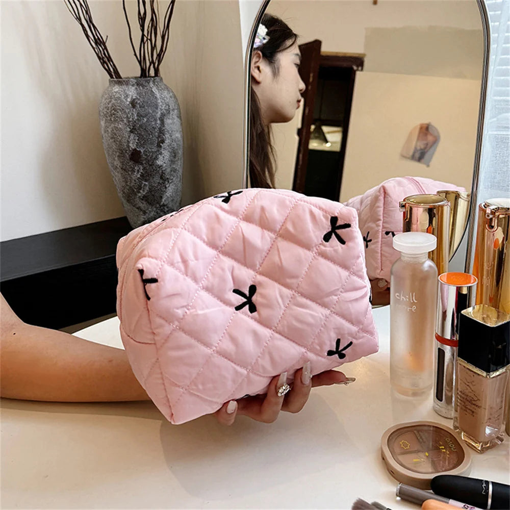 Stylish Large Bow Cosmetic Bag – Quilted Cotton Travel Makeup Organizer