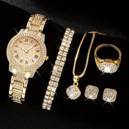 Women’s Diamond Fashion Roman Quartz Watch – 5‑Piece Jewelry Set