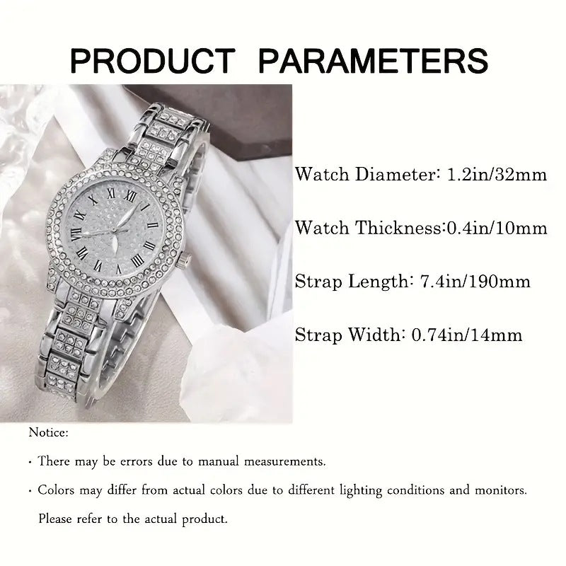 Women’s Diamond Fashion Roman Quartz Watch – 5‑Piece Jewelry Set