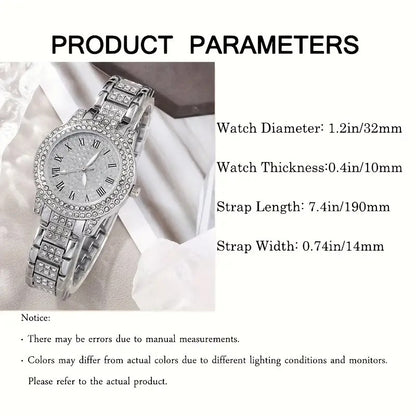 Women’s Diamond Fashion Roman Quartz Watch – 5‑Piece Jewelry Set